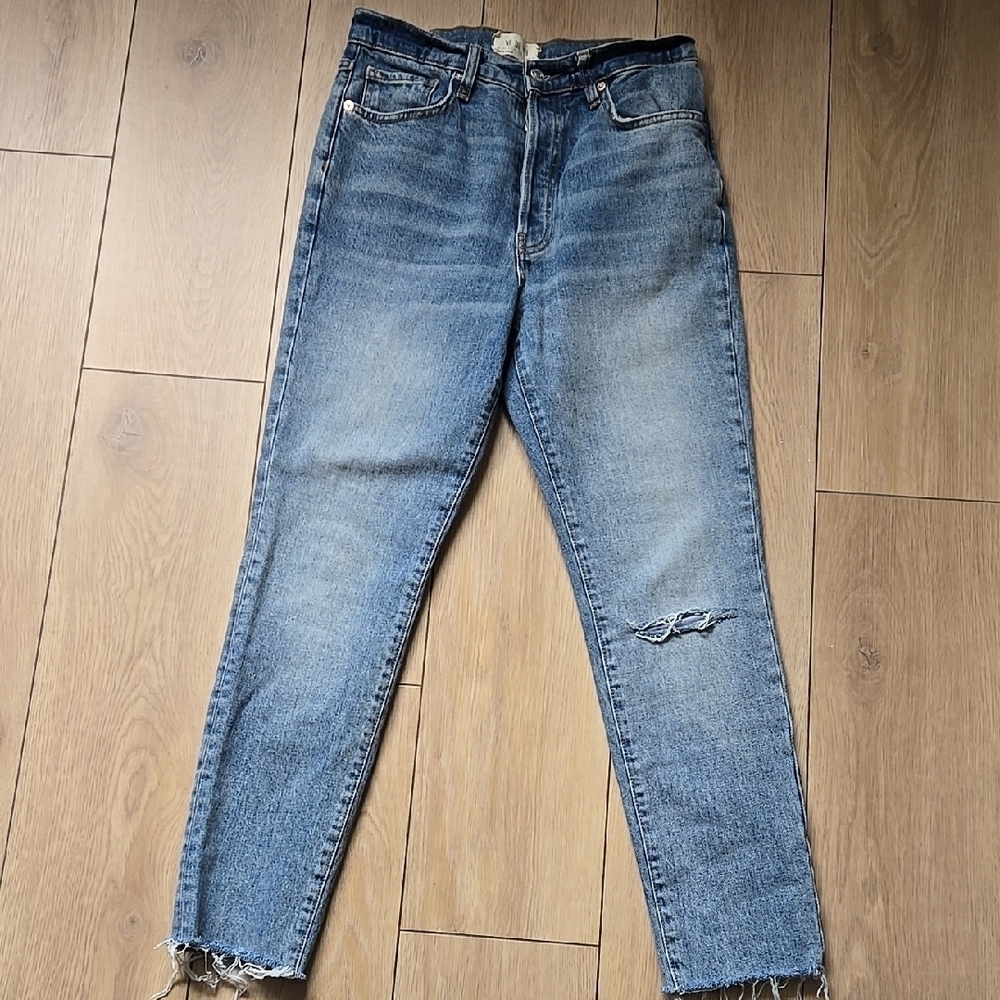 We The Free Blue High-Waisted Ankle Jeans with Distressed Knee